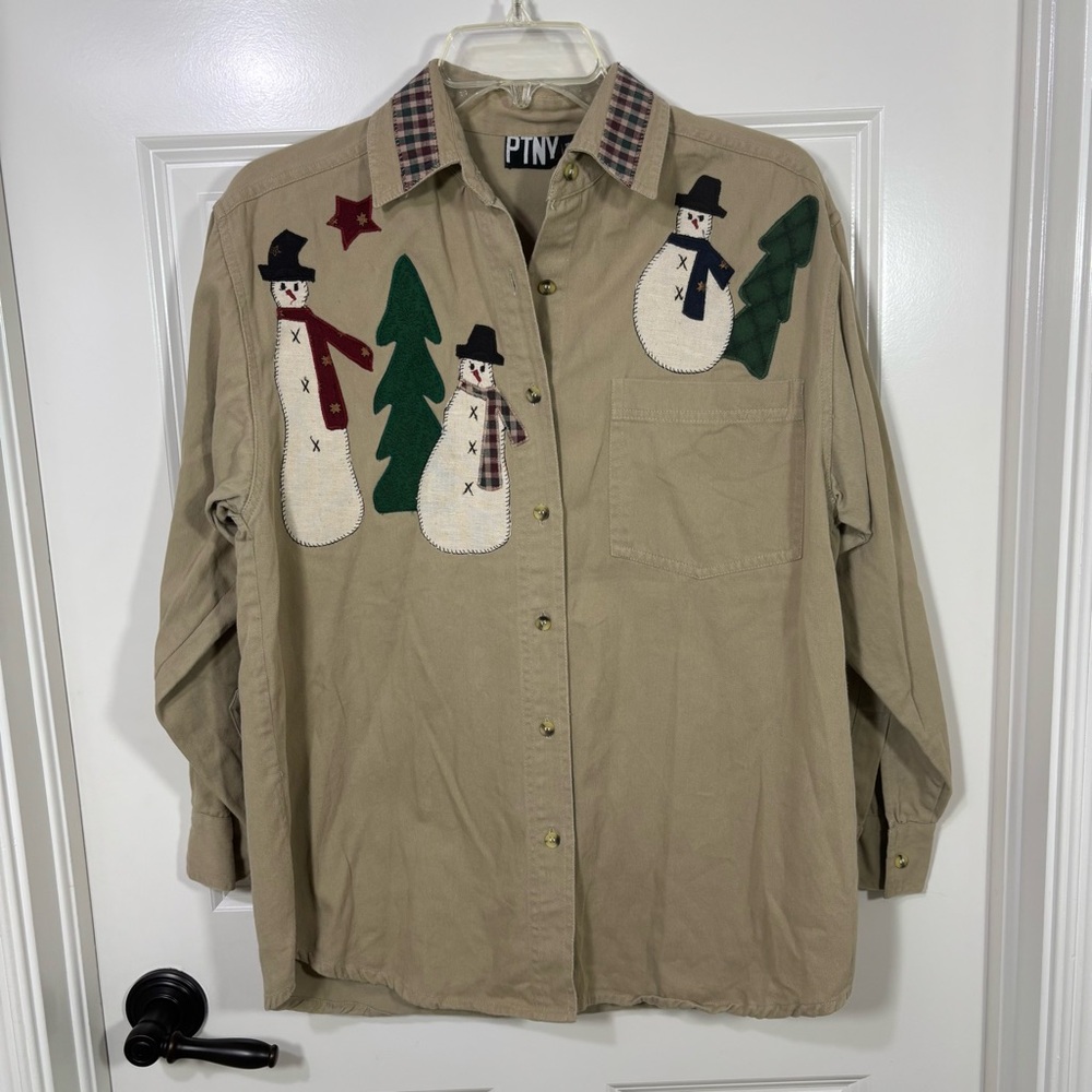 Vintage PTNY Long Sleeve Button Up Short Women’s M Brown Winter Snowman